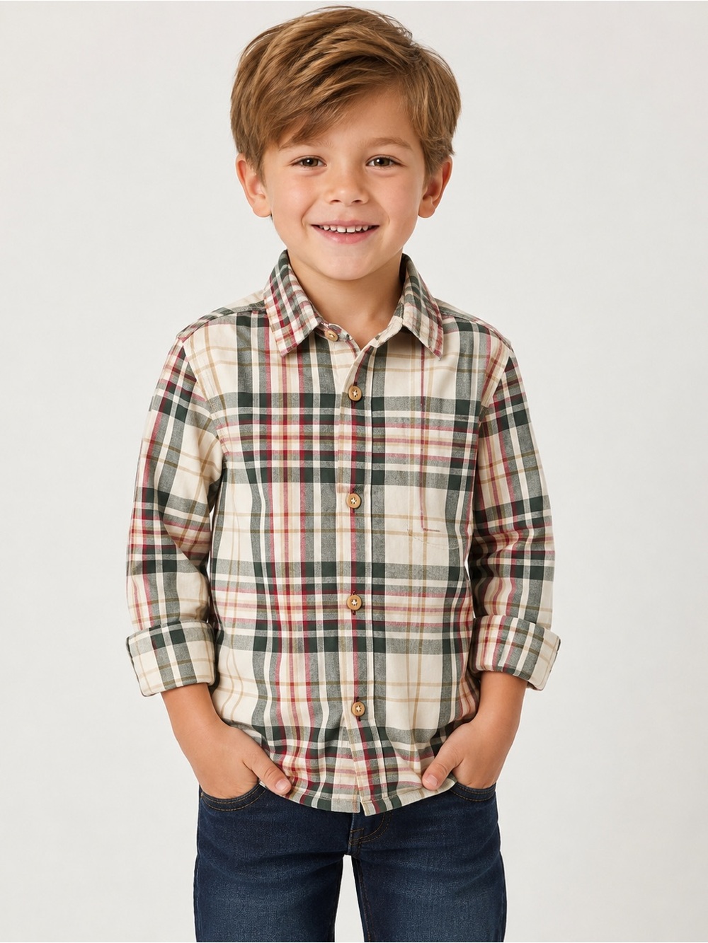 Tommy Bahama Boys Plaid Button-Down Shirt in Cream, Green & Red